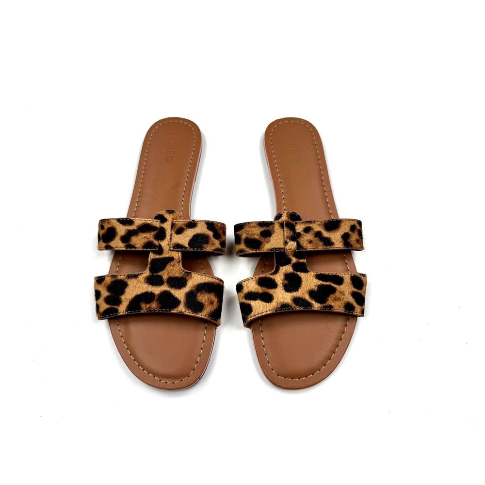 J Crew Leopard Flip Flops Women 9 EUC Calf Hair Leather Flats Slip on Sandals